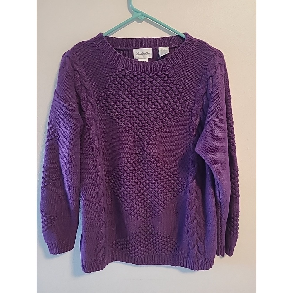 Vtg‎ Distinction Sweater Sz M Dark Purple Cableknit 90s Grandmacore Hand Knitted